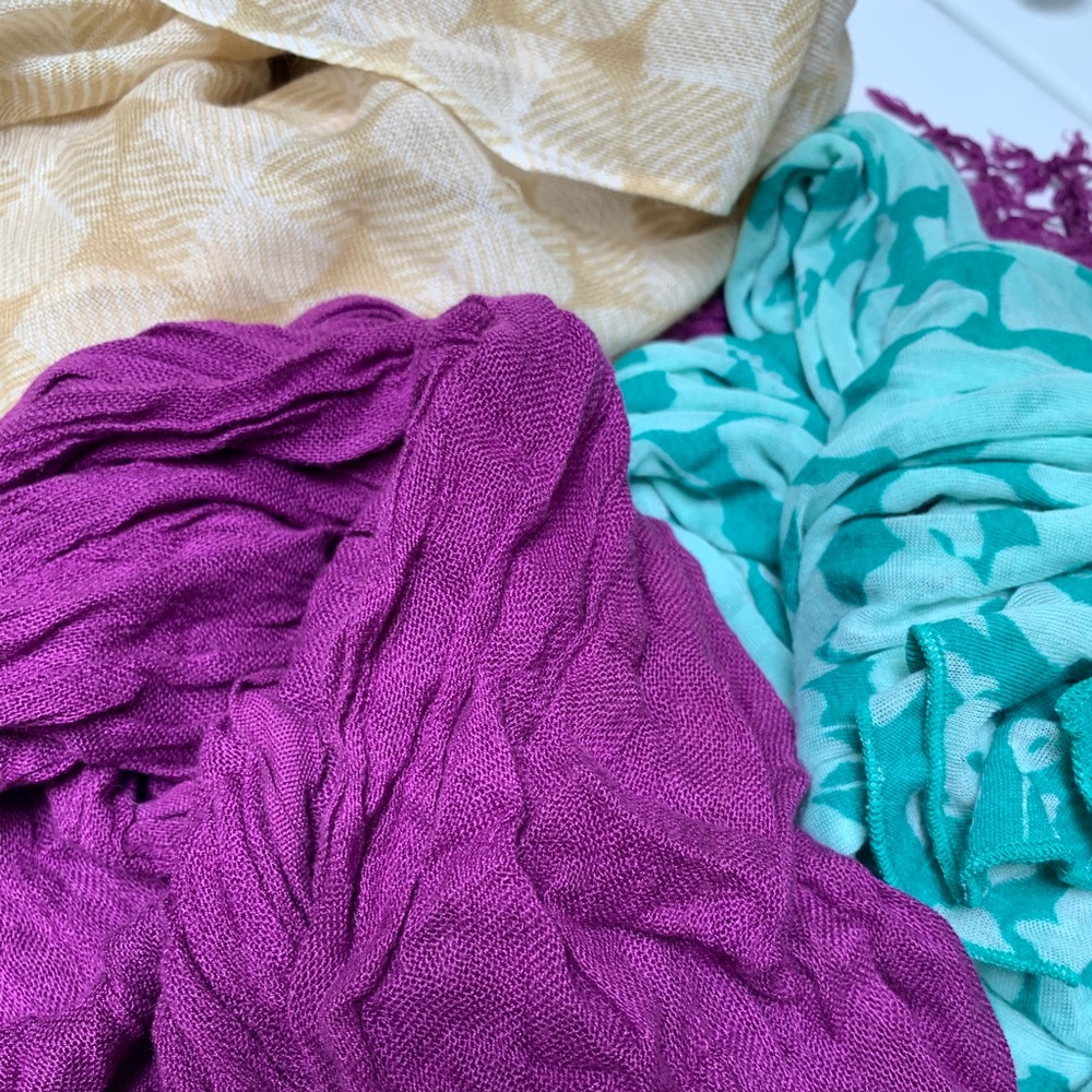 Three lightweight scarves purple aqua and beige